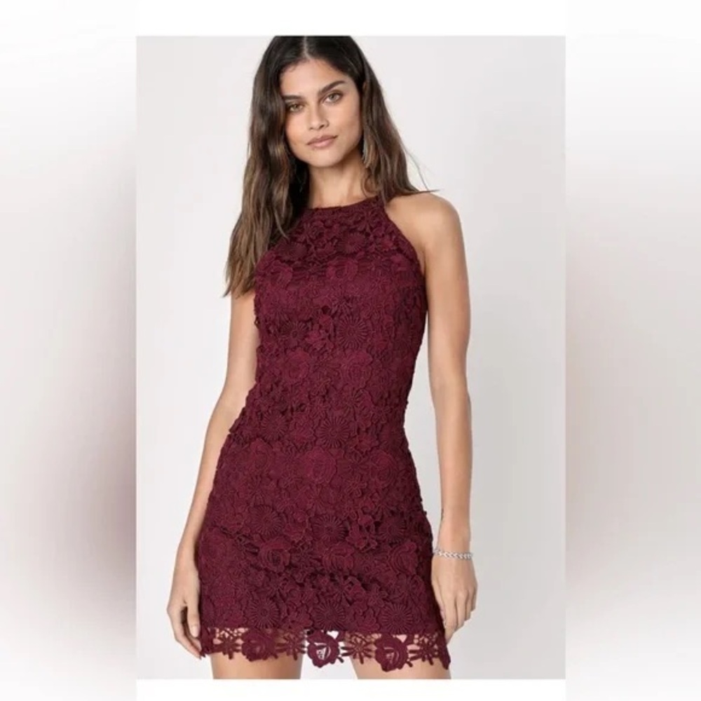 Lulu's Burgundy Lace Halter 
Dress